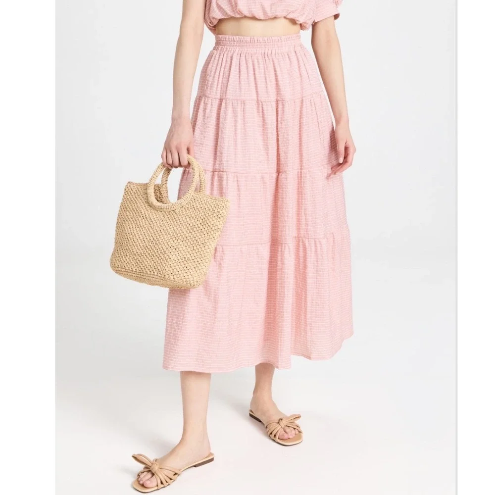 EN SAISON |‎ Peach Pink Sparkle Tiered Boho Feminine Stripe Midi Skirt, Size S